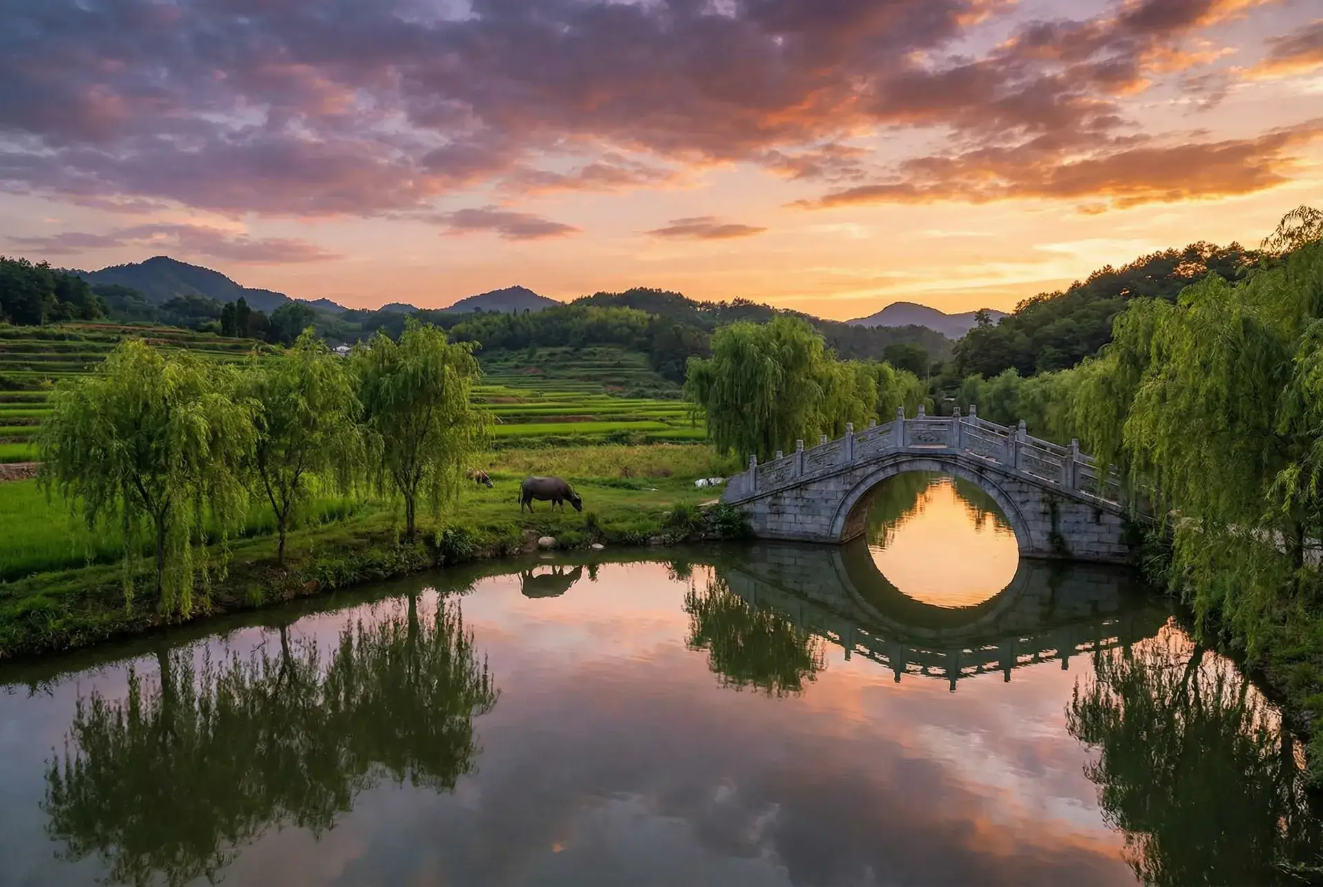 夕阳下的石拱桥与垂柳，水牛在河边吃草 - 啪啪啪研習所 乡村美景